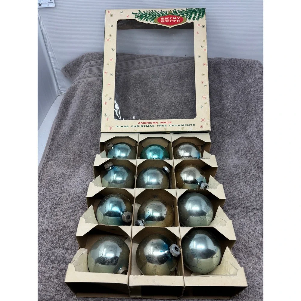 Vintage Shiny Brite Glass Ornaments Blue Silver Fair 12pc Set MCM USA Made Box
